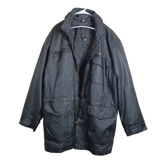 Context Leather Jacket Womens XL Black Hooded Drawstring Cargo Utility Parka - Picture 1 of 6
